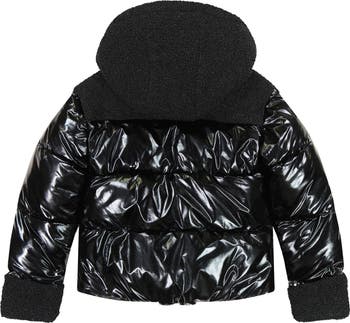 Shimmer Cargo Pocket Faux Shearling Hooded Puffer Jacket
