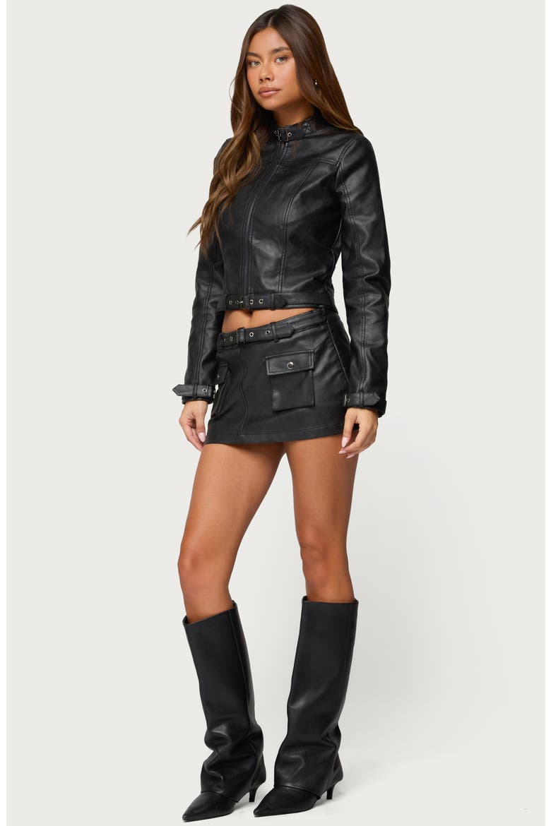 Belted Low Rise Cargo Faux Leather Miniskort, Alternate, color, BLACK