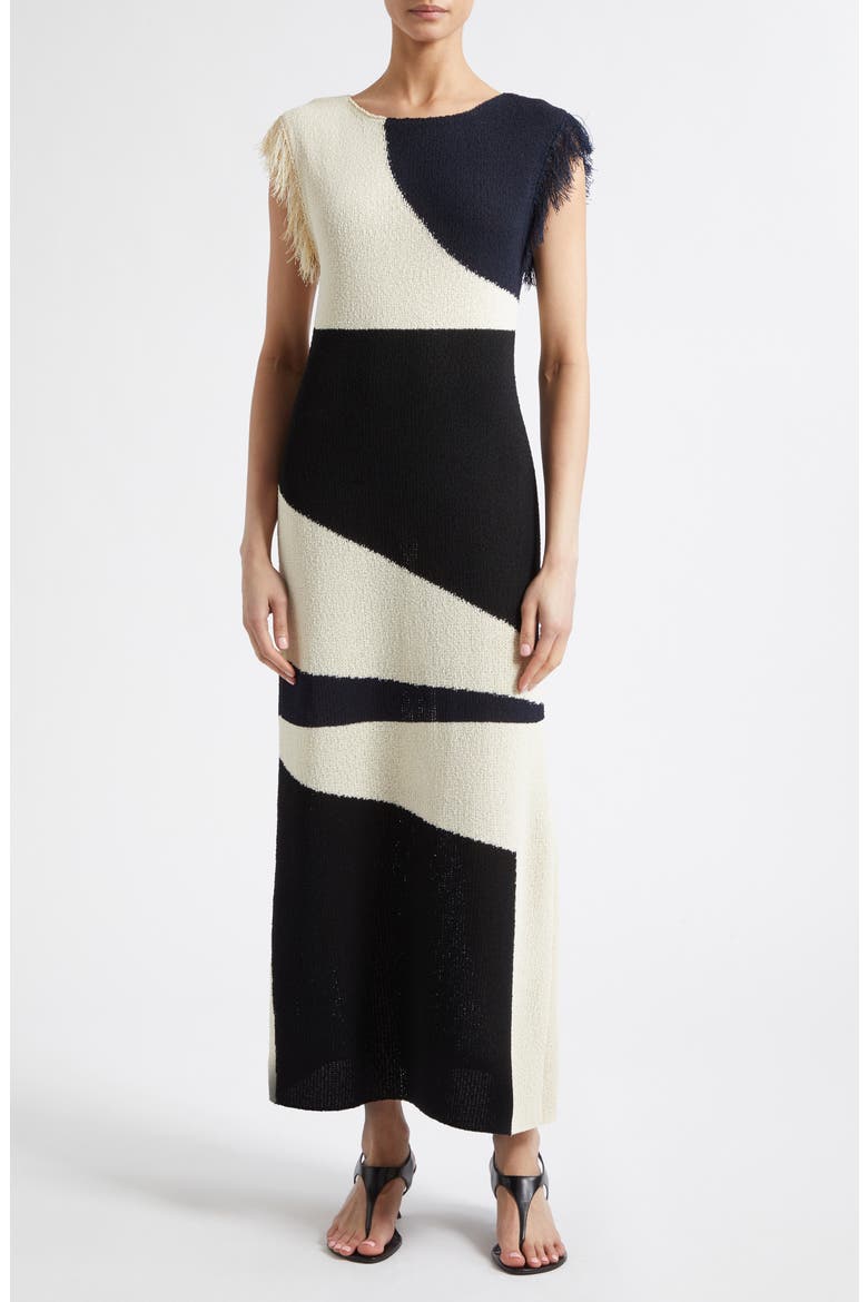 Saskia Colorblock Intarsia Textured Fringe Midi Sweater Dress, Main, color, SAND MULTI