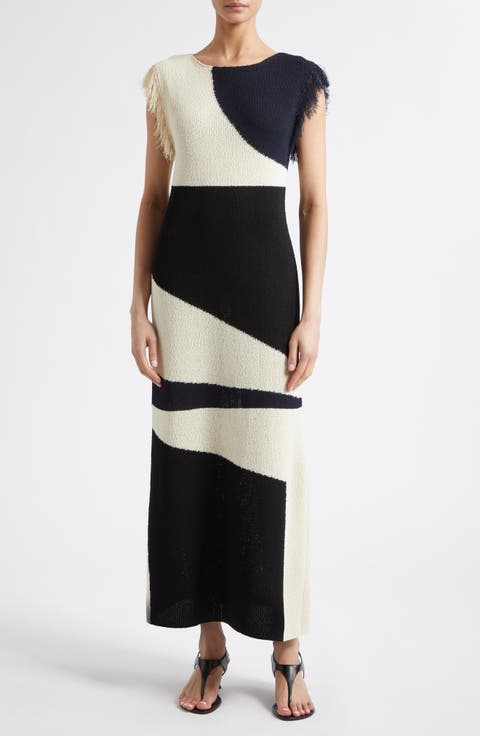Saskia Colorblock Intarsia Textured Fringe Midi Sweater Dress