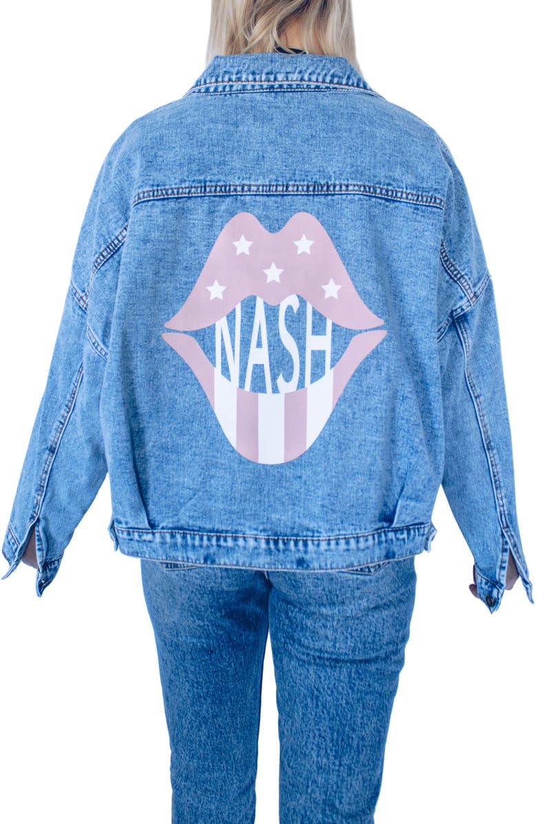 Rivalry Runway Lips Print Denim Jacket, Main, color, 