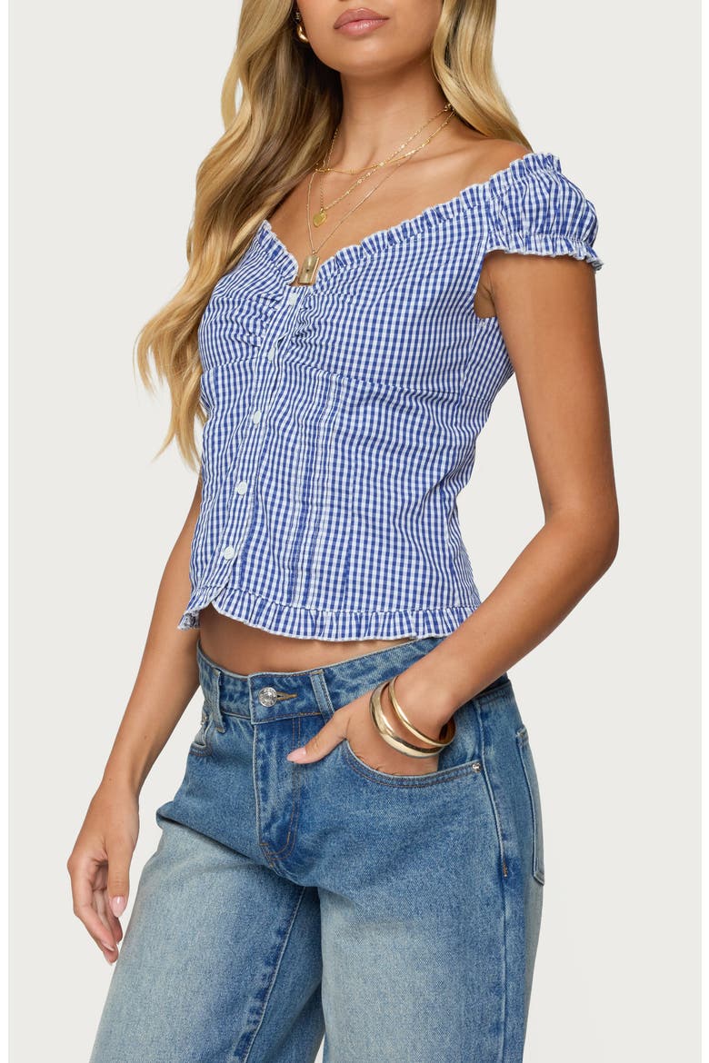 Dorothie Gingham Ruffle Crop Cotton Button-Up Shirt, Alternate, color, NAVY