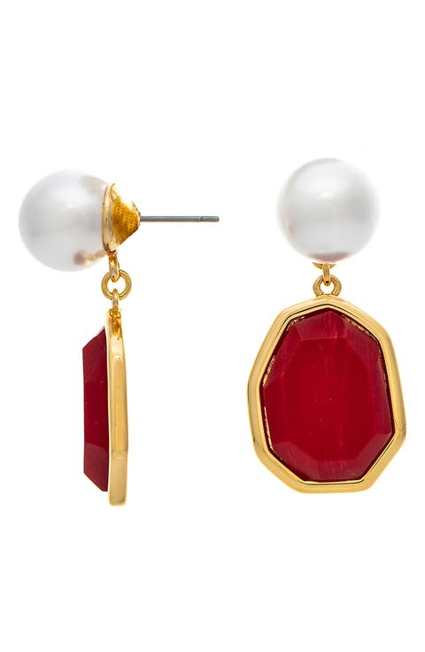 Faux Pearl & Carnelian Drop Earrings