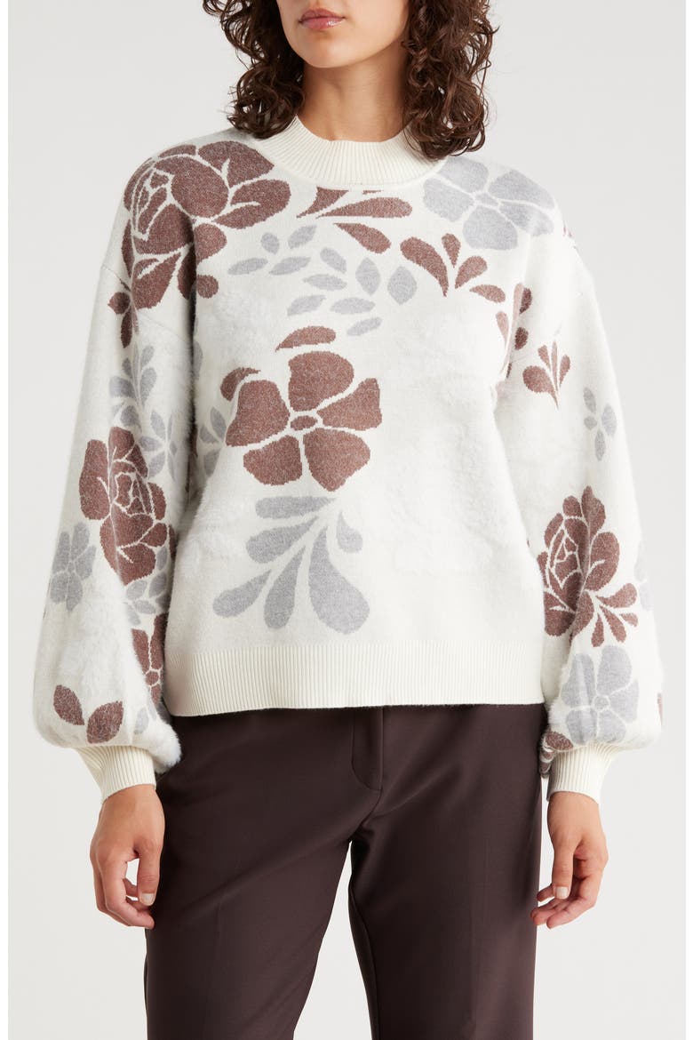 Floral Jacquard Sweater, Main, color, WHITE/ GREY/ BROWN