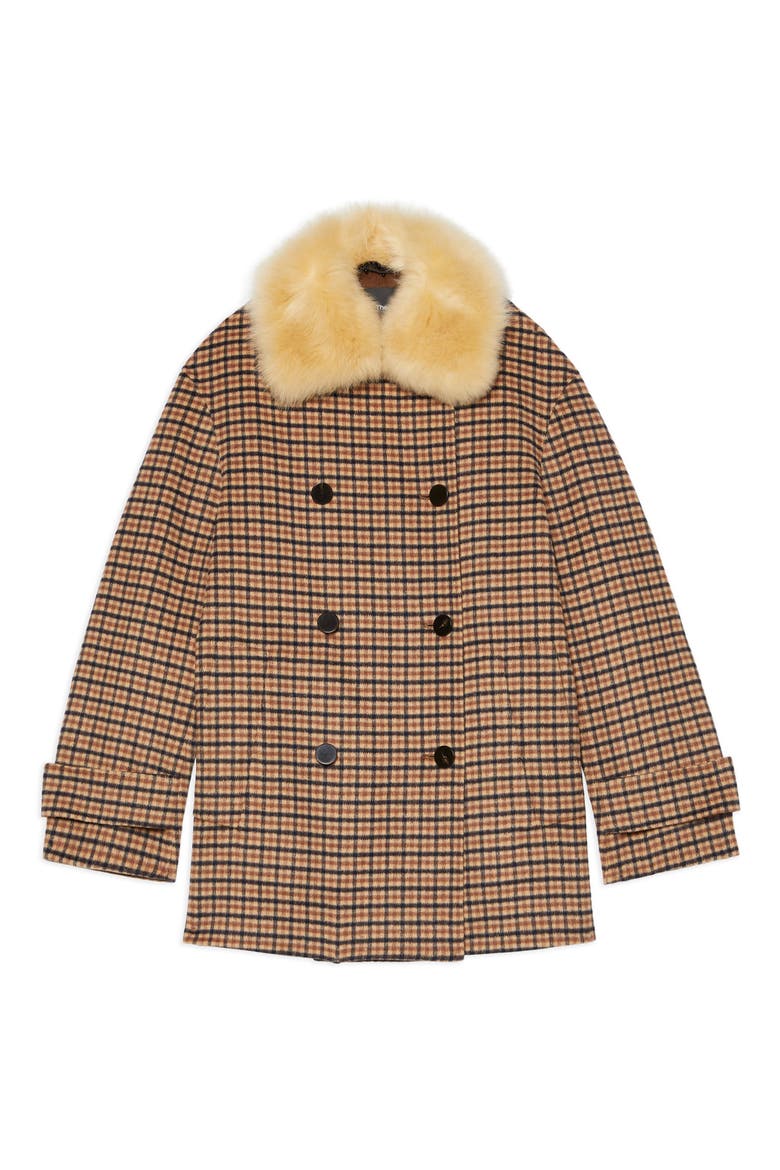 Check Wool Blend Coat with Genuine Shearling Collar, Alternate, color, CAMEL MULTI - EF2