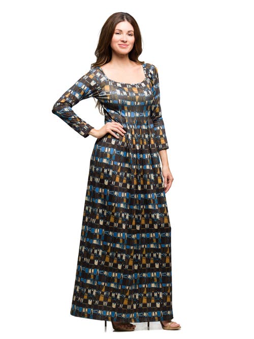 24seven Comfort Apparel Geometric Print Long Sleeve Empire Waist Maxi Dress In Blue