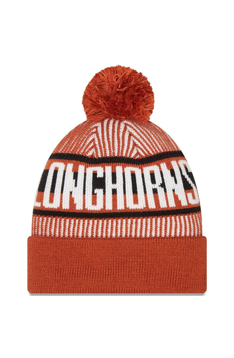 New Era Men's New Era Texas Orange Texas Longhorns Logo Striped Cuff Knit Hat with Pom, Alternate, color, 