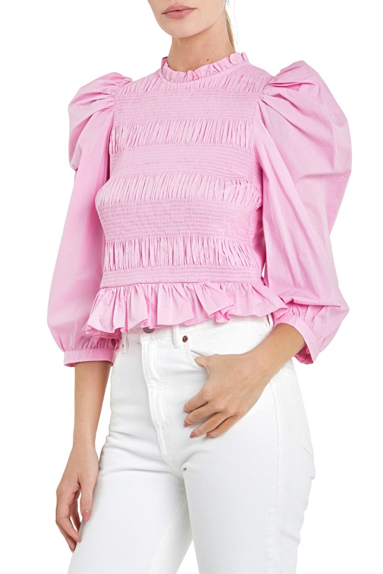 Smocked Puff Shoulder Poplin Top, Alternate, color, PASTEL PINK