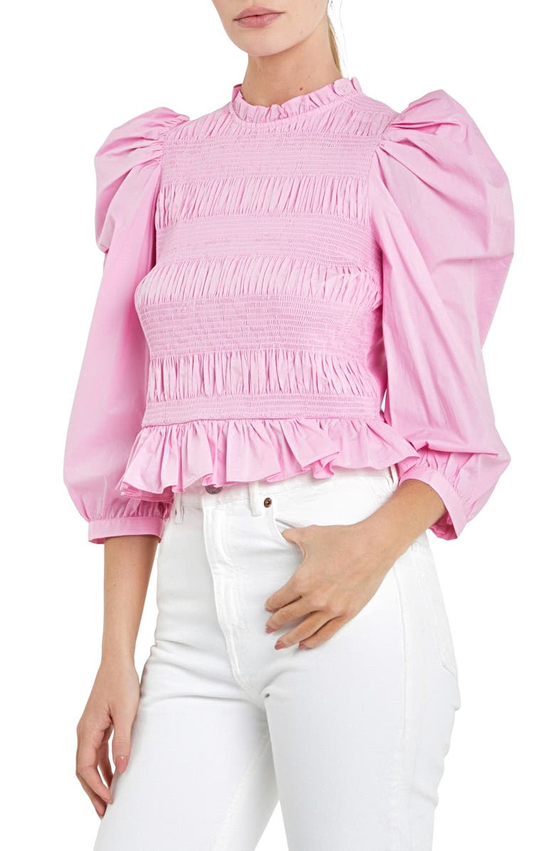 English Factory Smocked Puff Shoulder Poplin Top, Alternate, color, Pastel Pink