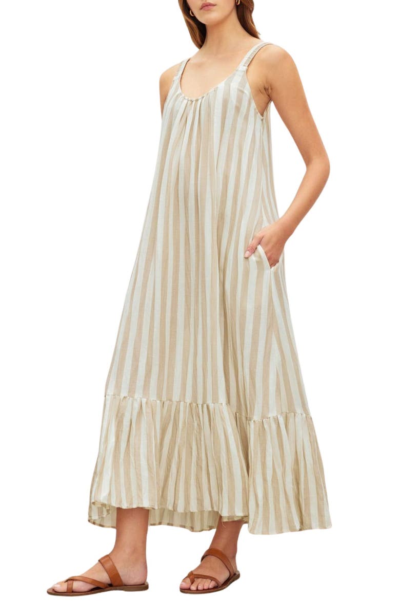 Mera Ruffle Hem Striped Midi Dress, Main, color, KHAKI BGE