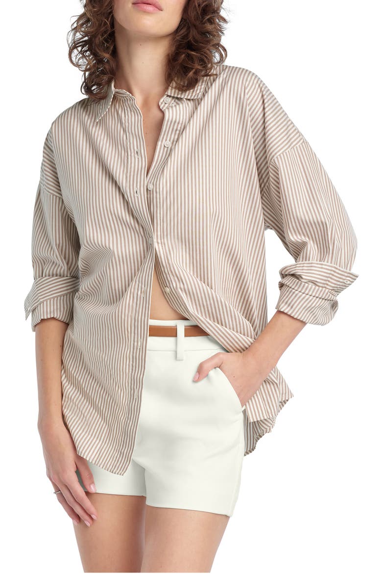 Ex Boyfriend Oversize Button-Up Shirt, Main, color, SOFT TAUPE STRIPE