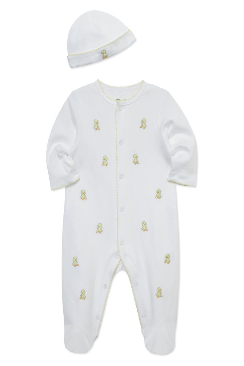 Sweet Ducks Embroidered Cotton Footie & Hat Set (Nordstrom Exclusive), Alternate, color, WHITE