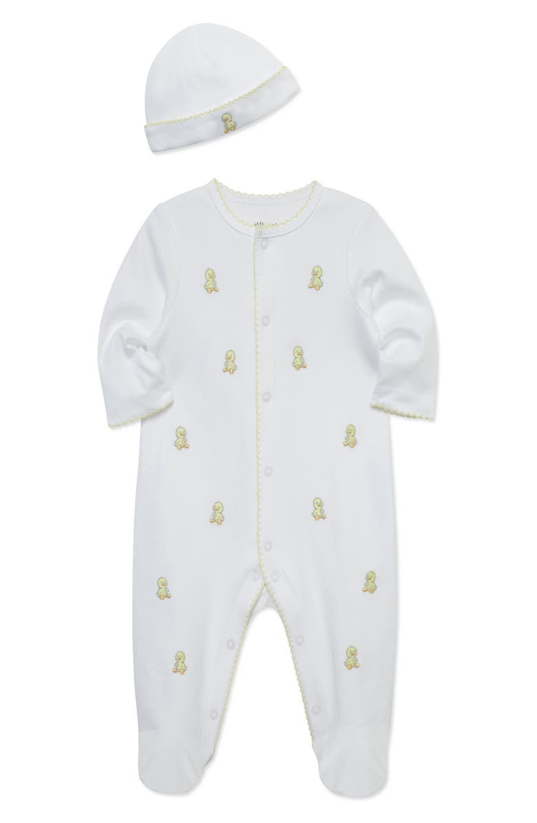 Little Me Sweet Ducks Embroidered Cotton Footie & Hat Set, Alternate, color, White