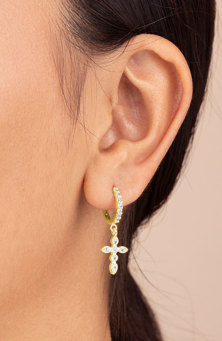 Sterling Forever Cross Drop Hoop Earrings, Alternate, color, Gold