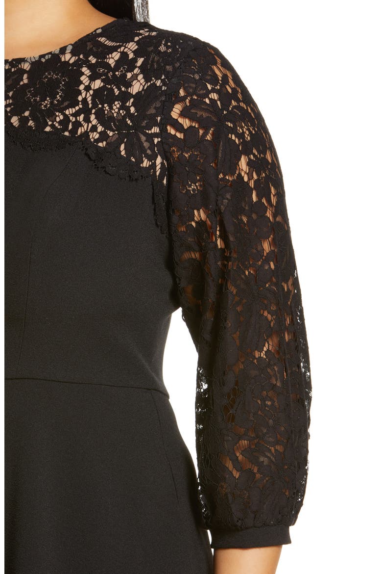 Lace Long Sleeve Midi Crepe Cocktail Dress, Alternate, color, BLACK