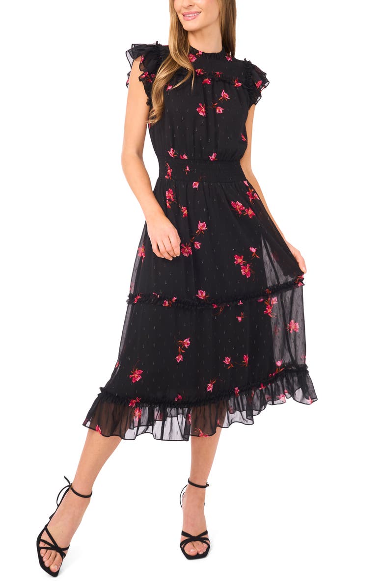 CeCe Floral Flutter Sleeve Smocked Midi Dress, Main, color, Rich Black