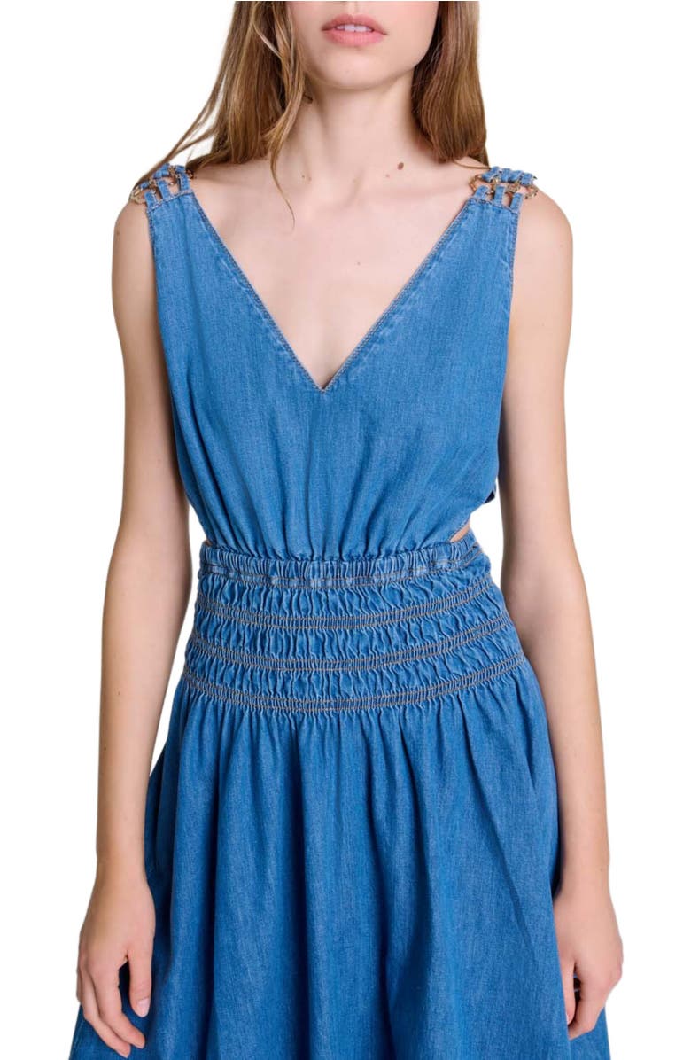 maje Cutaway denim maxi dress, Alternate, color, 