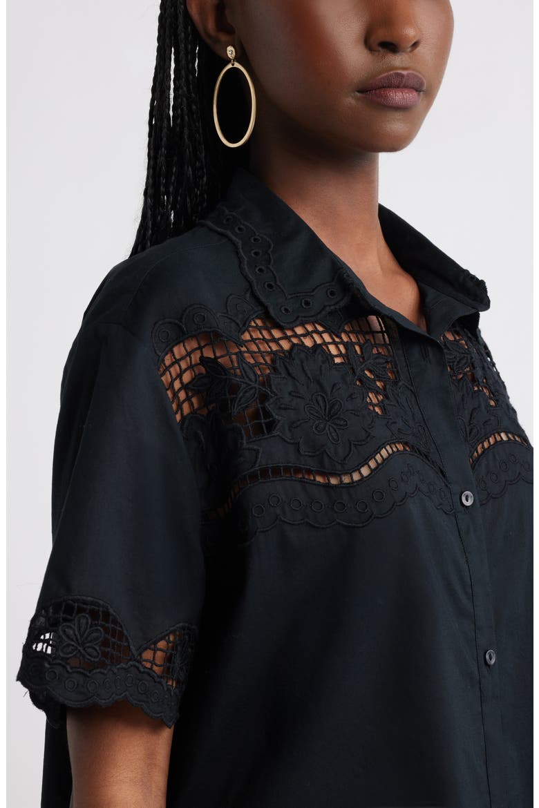 Embroidered Cutwork Cotton Camp Shirt, Alternate, color, BLACK