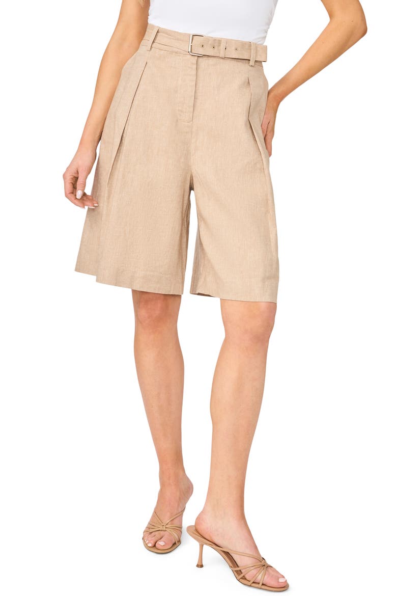 Belted Pleated Longer Length Shorts, Main, color, PEBBLE
