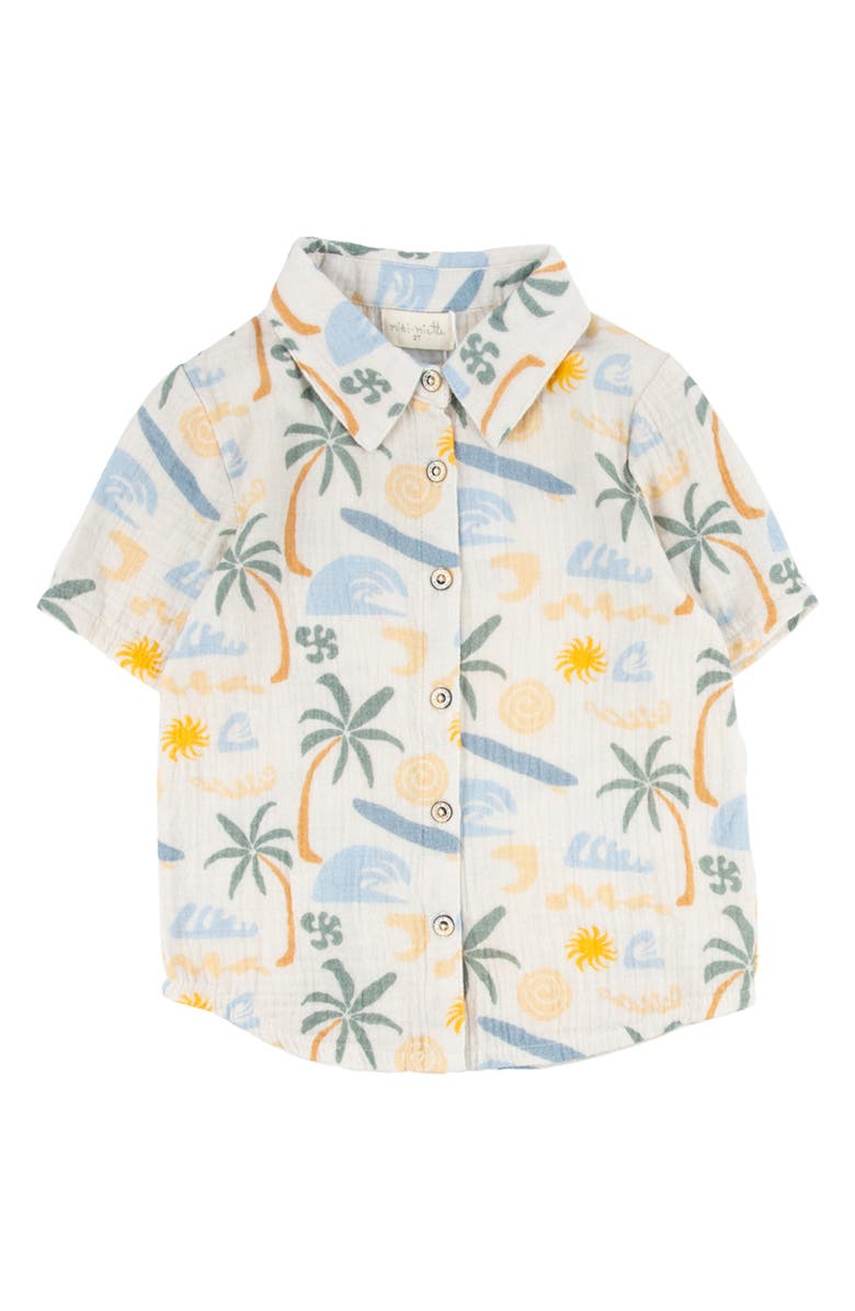 Miki Miette Kids' Jerry Tropical Print Short Sleeve Cotton Button-Up Shirt, Main, color,