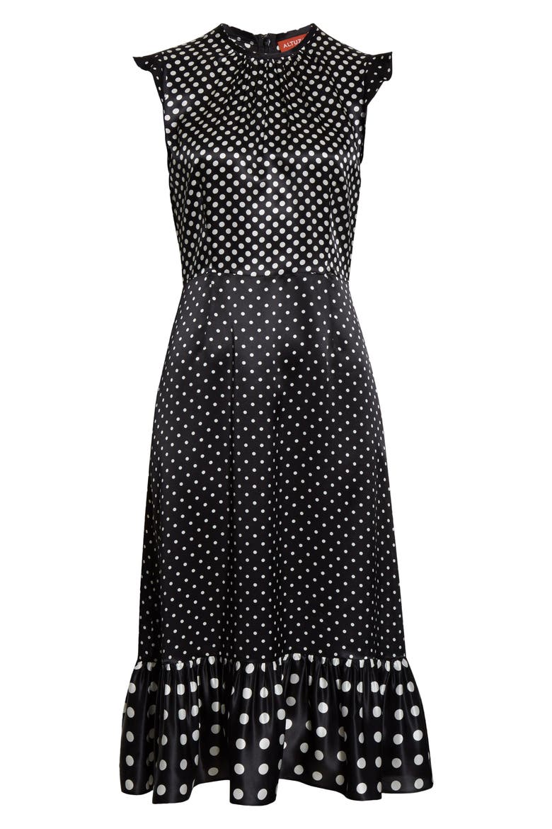 Flutter Sleeve Polka Dot Satin Midi Dress, Alternate, color, 122001 BLACK SMALL DOT