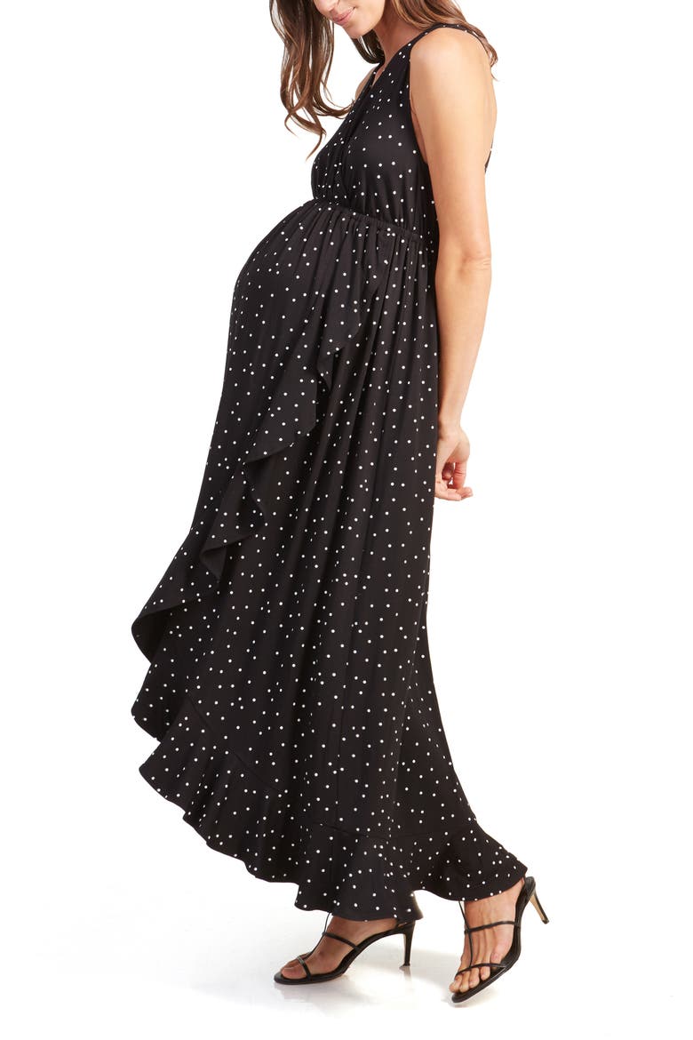 Ingrid & Isabel® Active Racerback Ruffle Maternity Maxi Dress, Alternate, color, BLACK POLKA DOT PRINT