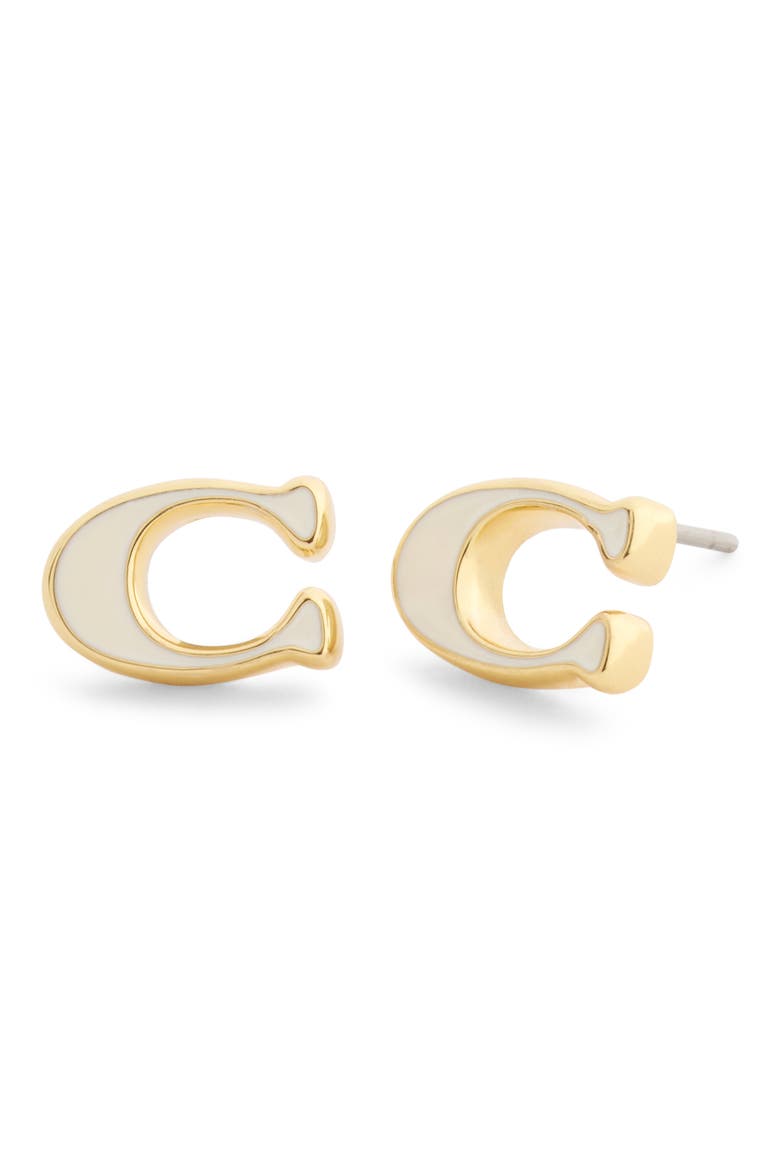 Signature C Enamel Stud Earrings, Main, color, WHITE/ GOLD