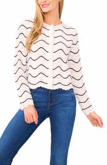 CeCe Wave Stripe Scalloped Cardigan