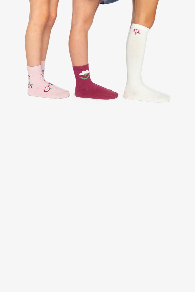 Floral Detail Ribbed Cuff Socks, Alternate, color, Off-White and Pink