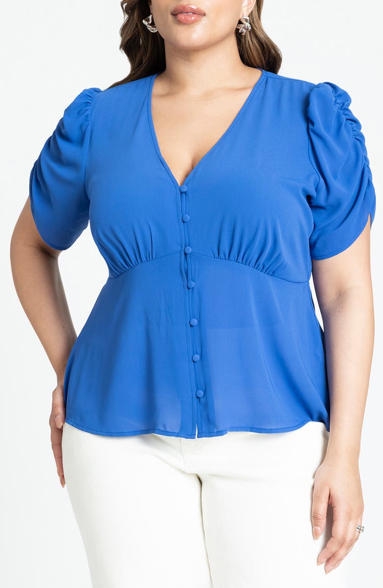 ELOQUII Shirred Sleeve Peplum Top, Main, color, 