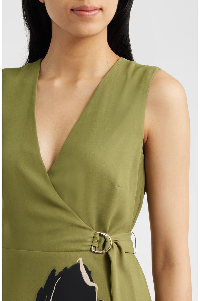 Print Sleeveless Faux Wrap Midi Dress, Alternate, color, BAY LEAF MULTI