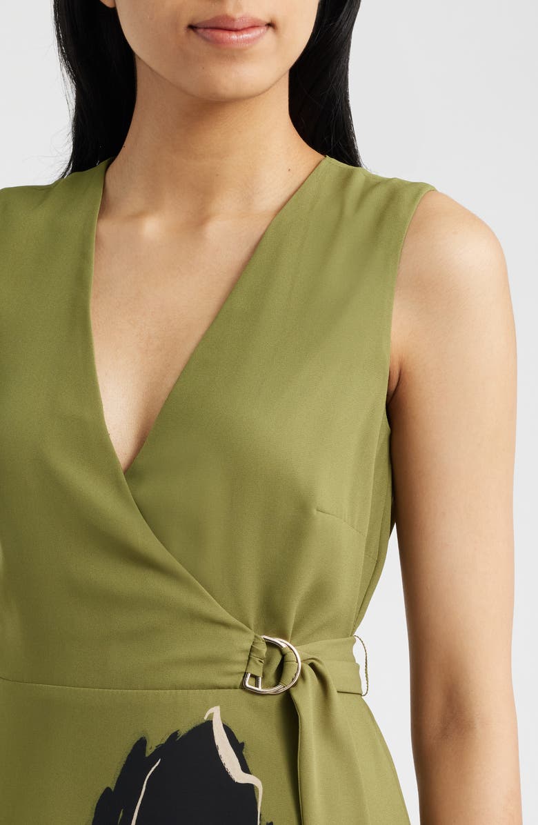 Anne Klein Print Sleeveless Faux Wrap Midi Dress, Alternate, color, Bay Leaf Multi