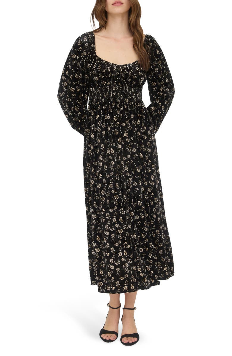AUGUST SKY Floral Long Sleeve Velvet Maxi Dress, Main, color, Black Multi