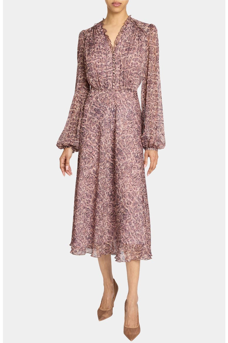 Amal Long Sleeve Fit and Flare Midi Dress in Printed Georgette, Main, color, DUSTY LILAC MULTI