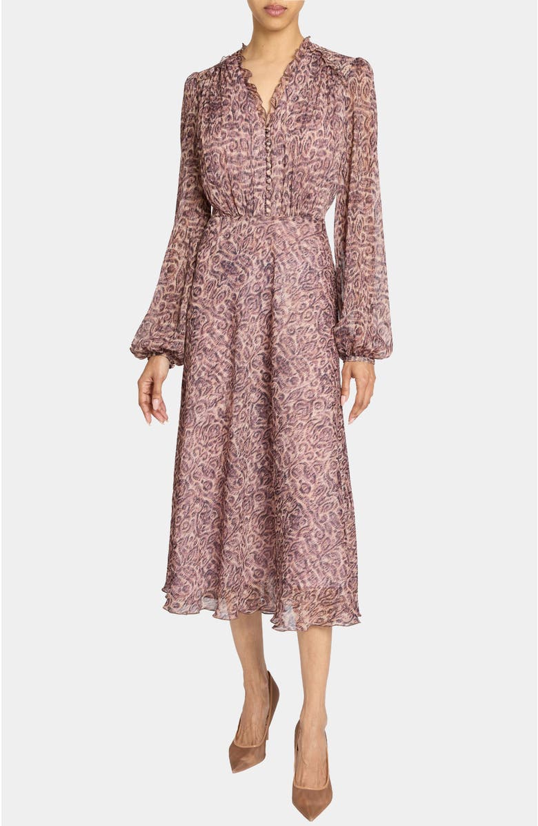 Santorelli Amal Long Sleeve Fit and Flare Midi Dress in Printed Georgette, Main, color, Dusty Lilac Multi
