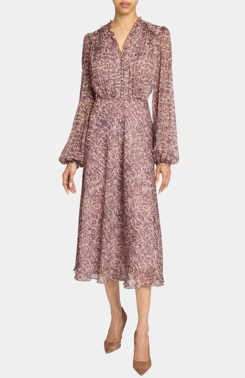 Amal Long Sleeve Fit and Flare Midi Dress in Printed Georgette