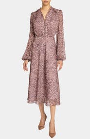 Santorelli Amal Long Sleeve Fit and Flare Midi Dress in Printed Georgette