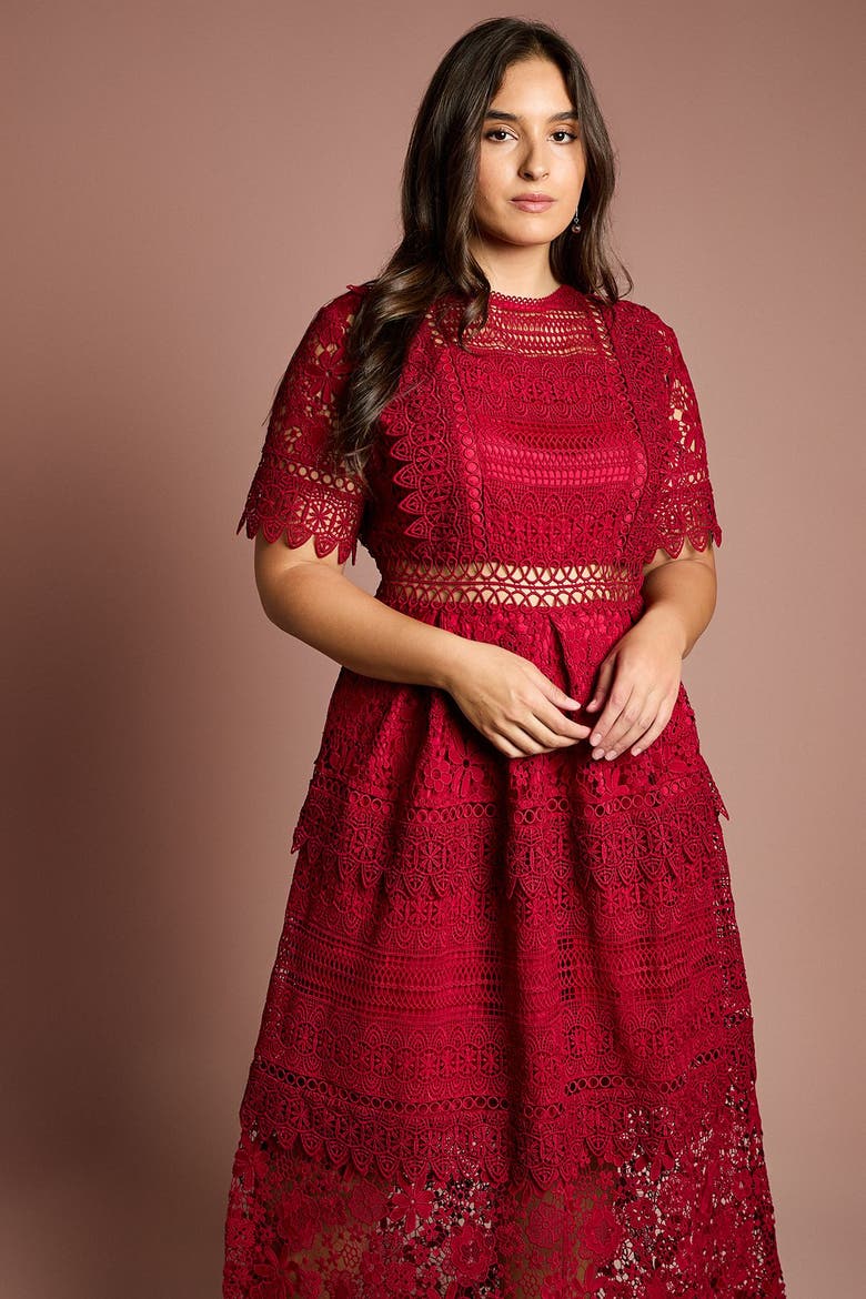Plus Embroidered Lace Midi Dress, Alternate, color, Berry