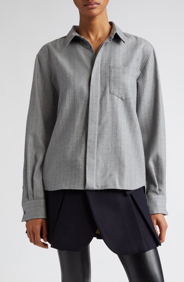 Sacai Pinstripe Pleated Back Button-Up Shirt, Main, color,