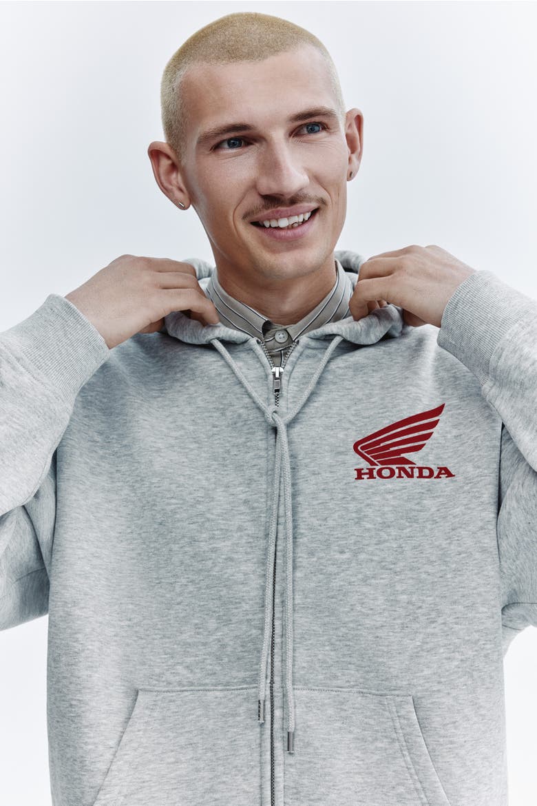 Loose Fit Printed Zip-through Hoodie, Alternate, color, Light gray melange/Honda