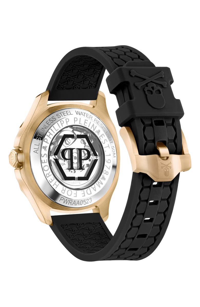 PHILIPP PLEIN Skeleton Spectre Silicone Strap Watch, 42mm, Alternate, color, Ip Yellow Gold