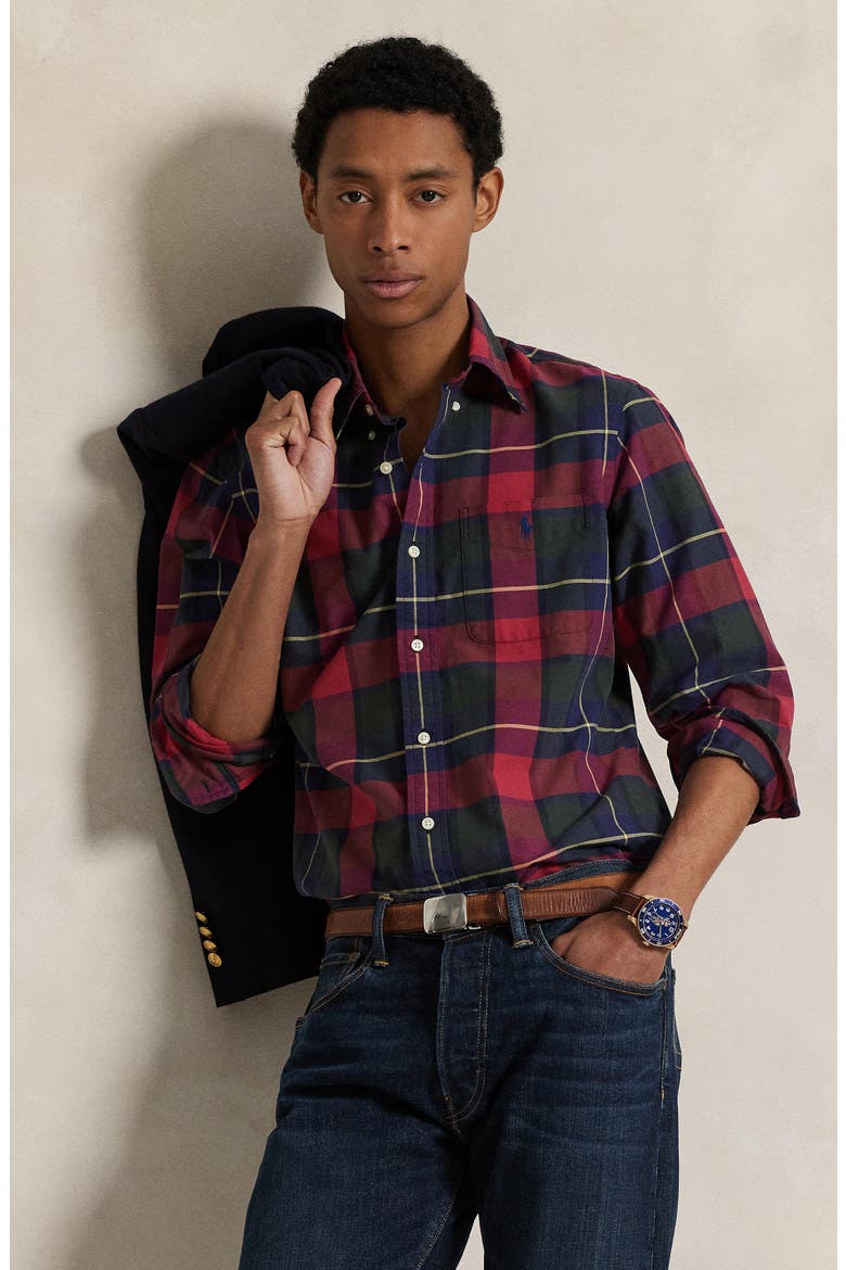 Classic Fit Plaid Cotton Oxford Button-Down Shirt, Alternate, color, RUSTIC RED/ YELLOW MULTI