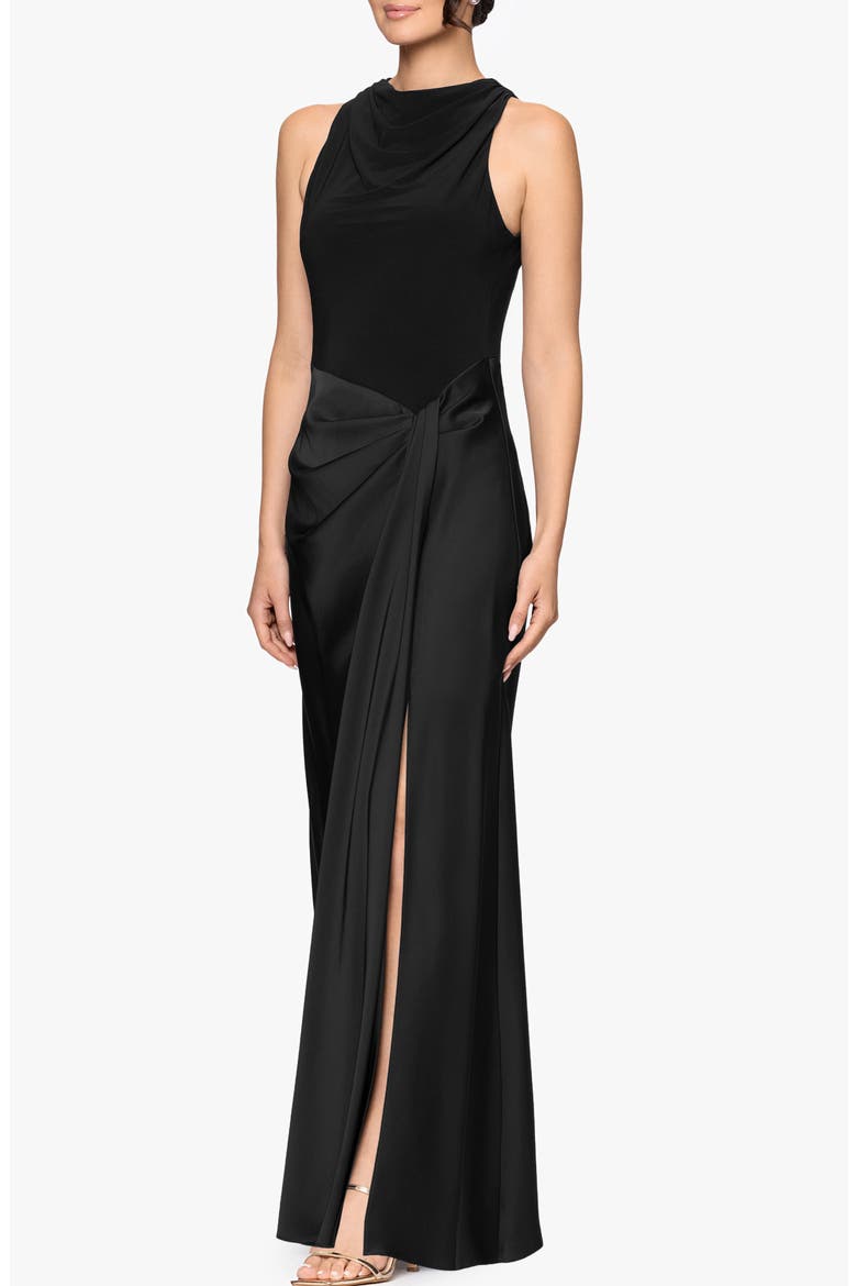Mixed Media Satin Gown, Alternate, color, BLACK