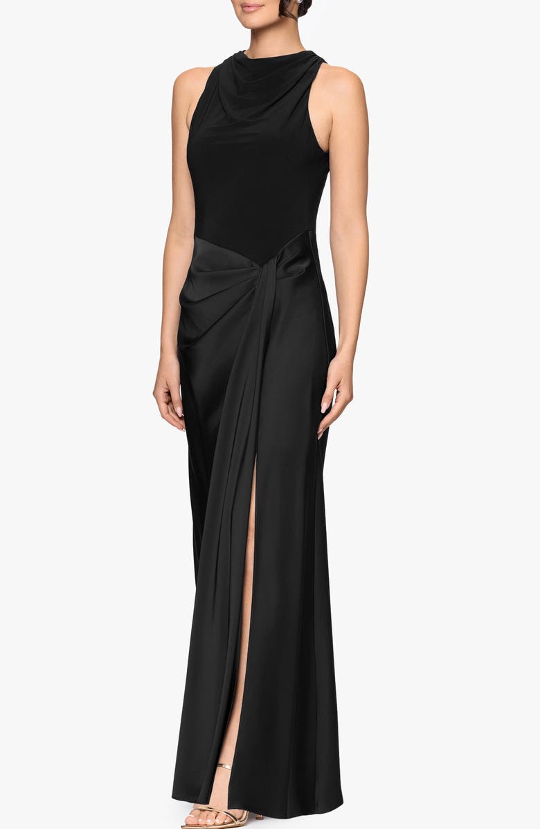Betsy & Adam Mixed Media Satin Gown, Alternate, color, Black