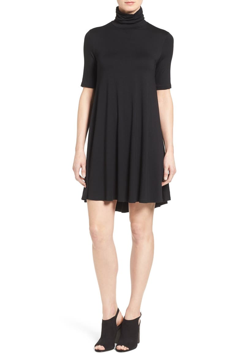 'Maggie' Turtleneck Trapeze Dress, Main, color, BLACK