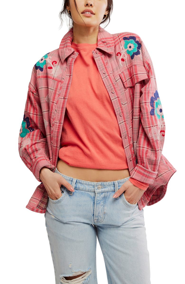 Free People Sashiko Embroidered Button-Up Shirt, Main, color, Pink Combo