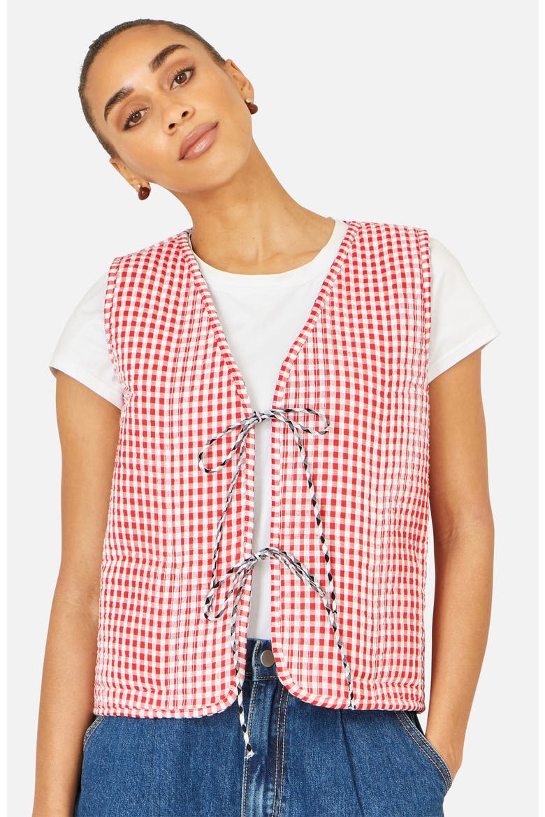 Gingham Reversible Cotton Tie Waistcoat, Alternate, color, Black
