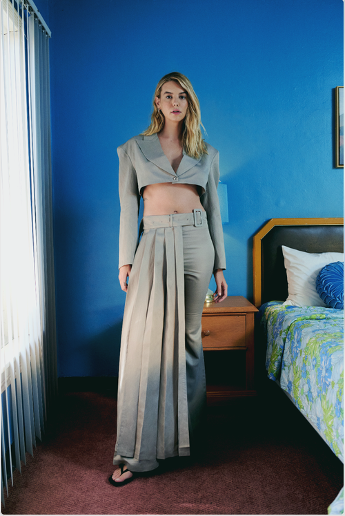 Pcfg Neutrals Linen Blend Crop Shiny Woven Jacket In Sand