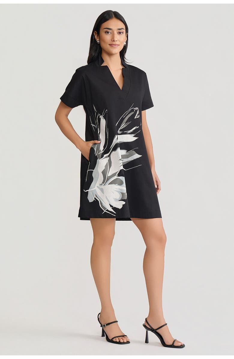 Ming Wang Relaxed A-Line Floral Printed Stretch Cotton Dress, Main, color, Black/White