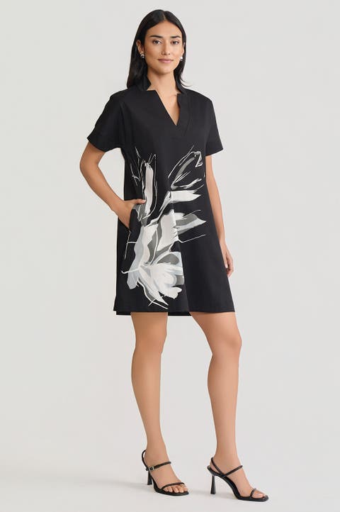 Relaxed A-Line Floral Printed Stretch Cotton Dress